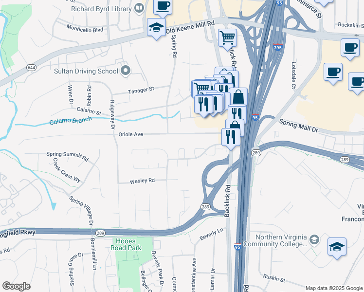 map of restaurants, bars, coffee shops, grocery stores, and more near 6832 Clowser Court in Springfield