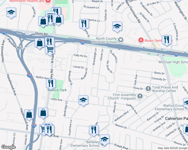 map of restaurants, bars, coffee shops, grocery stores, and more near 295 Brackleigh Lane in Florissant
