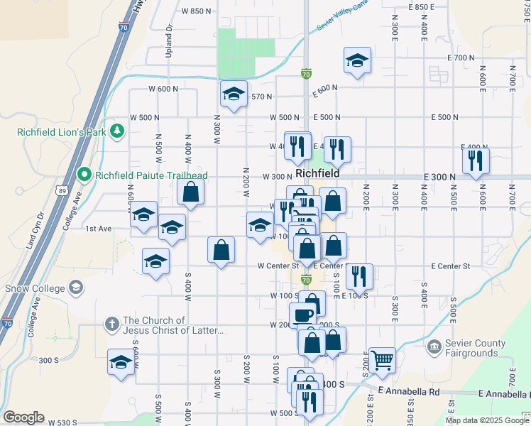 map of restaurants, bars, coffee shops, grocery stores, and more near 147 West 200 North in Richfield