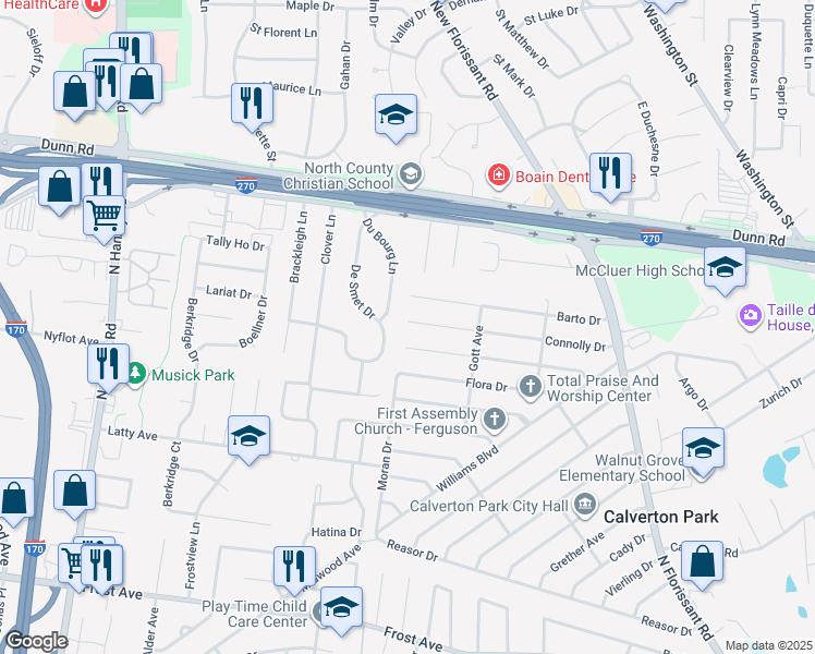 map of restaurants, bars, coffee shops, grocery stores, and more near 262 Connolly Drive in St. Louis