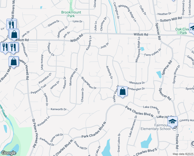 map of restaurants, bars, coffee shops, grocery stores, and more near 1625 Fairwood Forest Drive in St. Peters