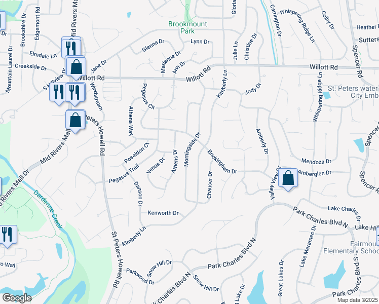 map of restaurants, bars, coffee shops, grocery stores, and more near 407 Morningside Drive in St. Peters