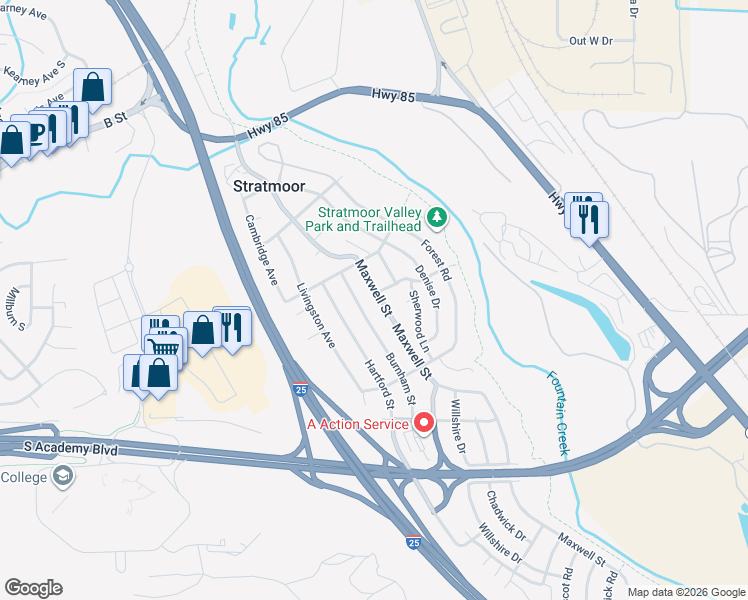 map of restaurants, bars, coffee shops, grocery stores, and more near 1214 Maxwell Street in Colorado Springs