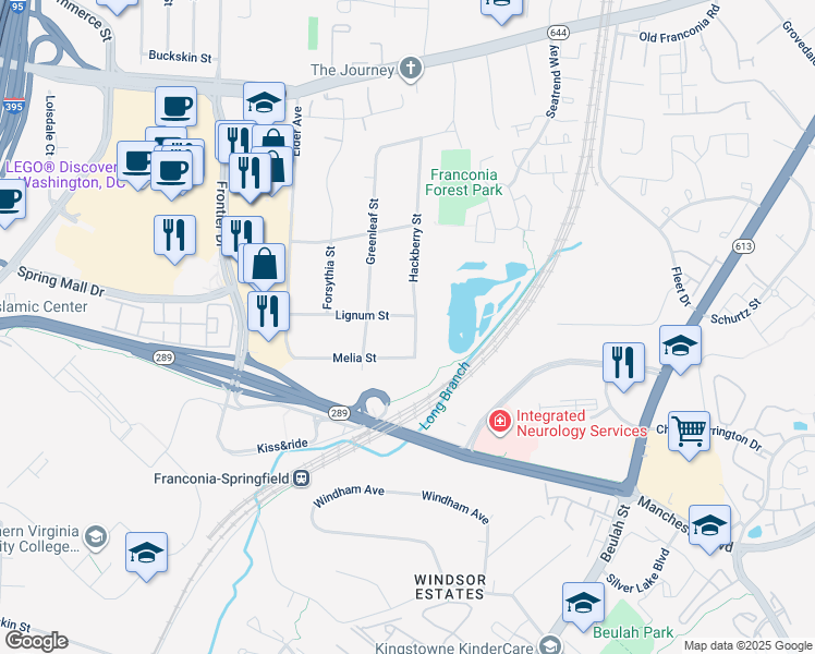 map of restaurants, bars, coffee shops, grocery stores, and more near 6421 Lignum Street in Springfield