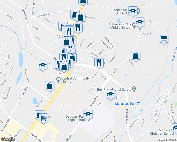 map of restaurants, bars, coffee shops, grocery stores, and more near 8299 Woodhue Drive in Manassas