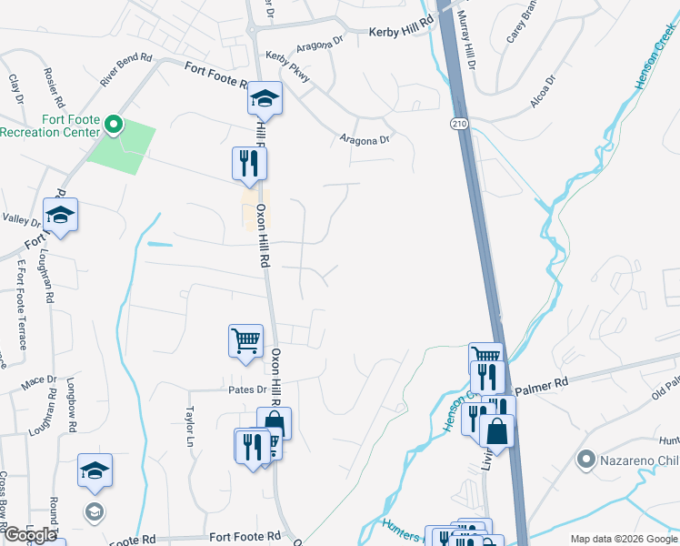 map of restaurants, bars, coffee shops, grocery stores, and more near 8702 Military Post Court in Fort Washington