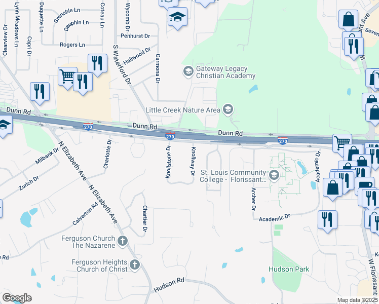 map of restaurants, bars, coffee shops, grocery stores, and more near 1591 Knollway Drive in Ferguson