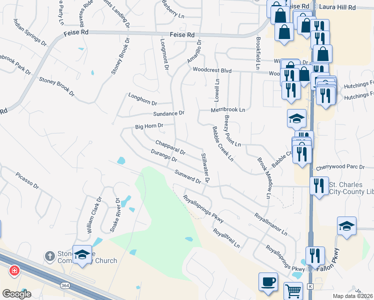 map of restaurants, bars, coffee shops, grocery stores, and more near 521 Chapparal Drive in O'Fallon