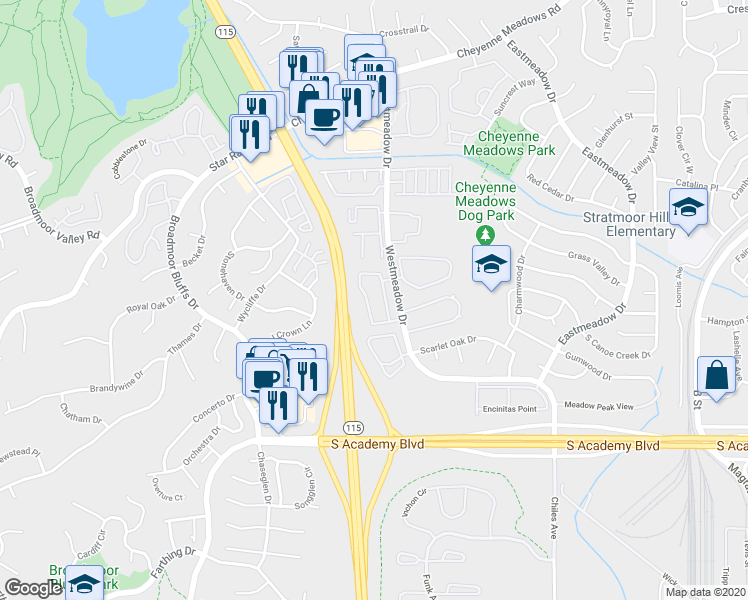 map of restaurants, bars, coffee shops, grocery stores, and more near 4365 Pebble Ridge Circle in Colorado Springs