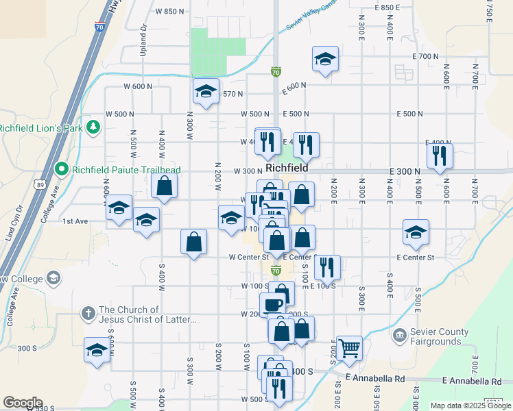 map of restaurants, bars, coffee shops, grocery stores, and more near 190 100 West in Richfield