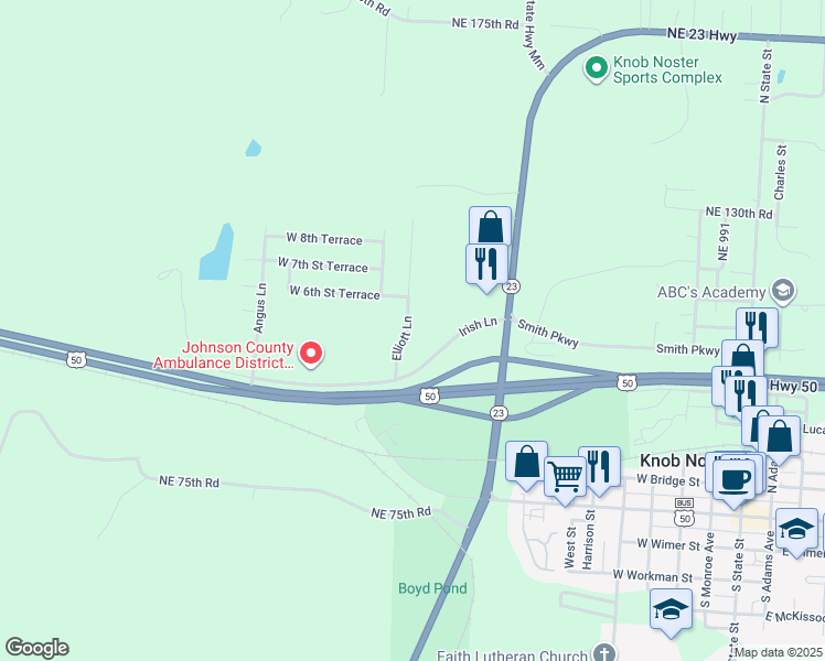 map of restaurants, bars, coffee shops, grocery stores, and more near 407 Elliott Lane in Knob Noster