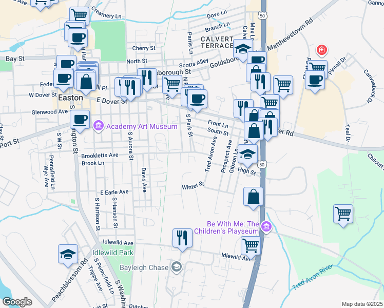 map of restaurants, bars, coffee shops, grocery stores, and more near 510 Brookletts Avenue in Easton