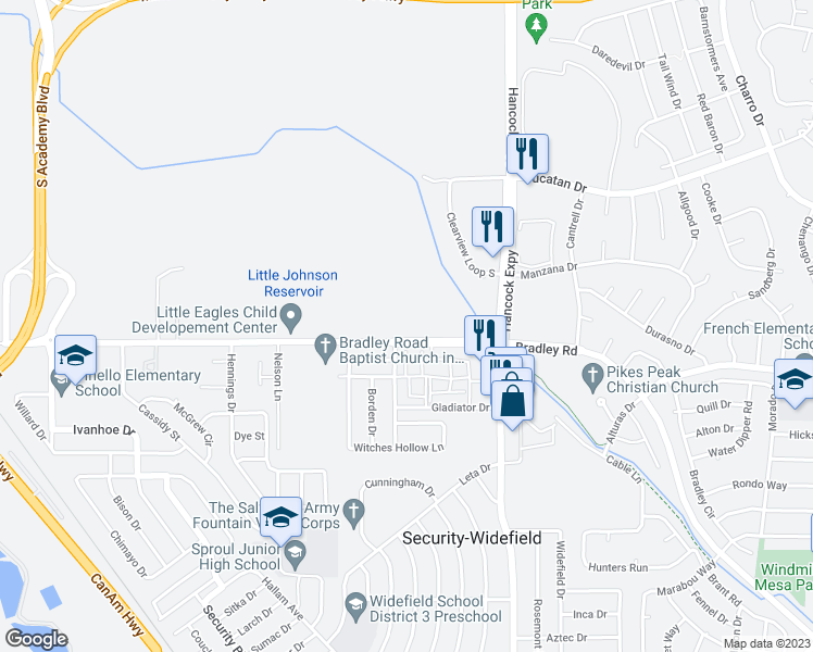 map of restaurants, bars, coffee shops, grocery stores, and more near 4225 Lincoln Plaza Drive in Colorado Springs