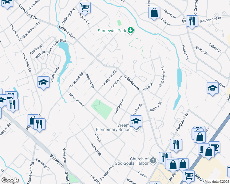 map of restaurants, bars, coffee shops, grocery stores, and more near 8594 Sherman Court in Manassas