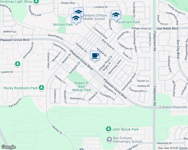 map of restaurants, bars, coffee shops, grocery stores, and more near 5033 Billington Lane in Roseville