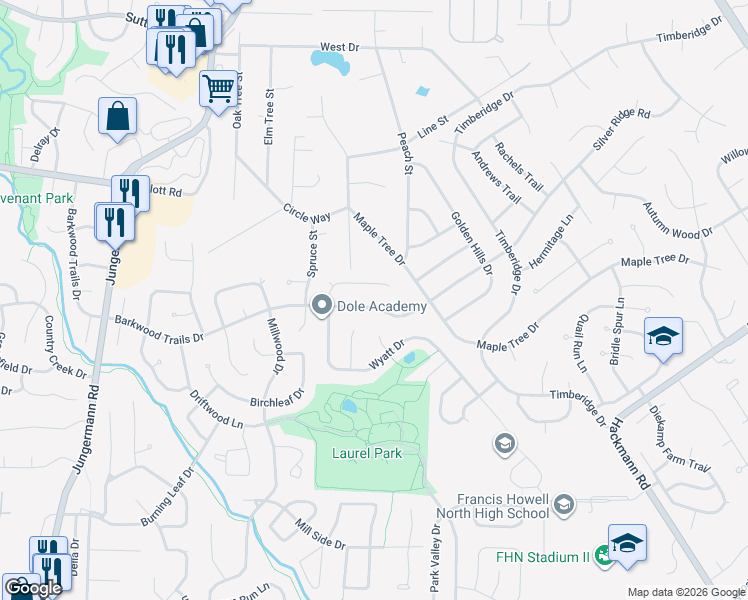 map of restaurants, bars, coffee shops, grocery stores, and more near 266 Barkwood Trails Drive in St. Peters
