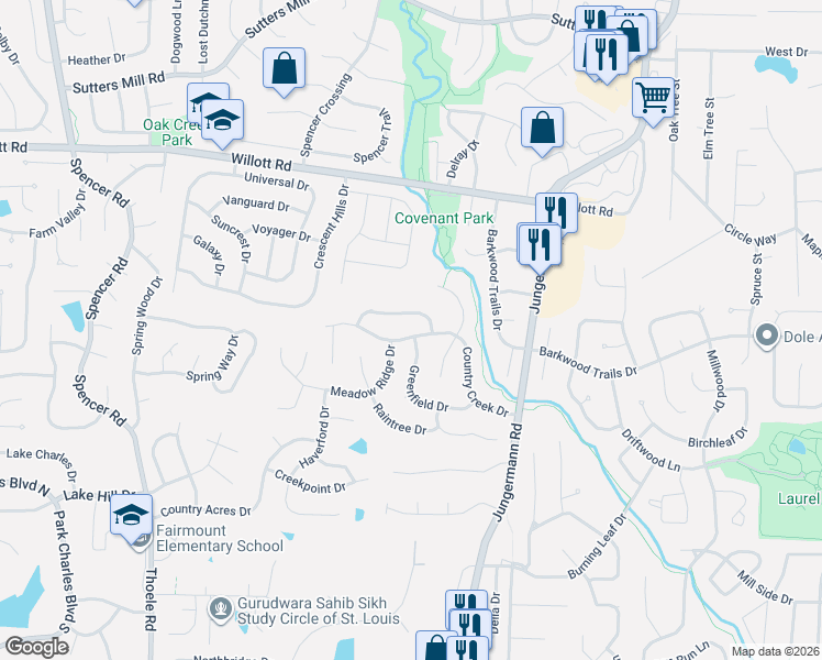 map of restaurants, bars, coffee shops, grocery stores, and more near 45 Country Creek Drive in St. Peters