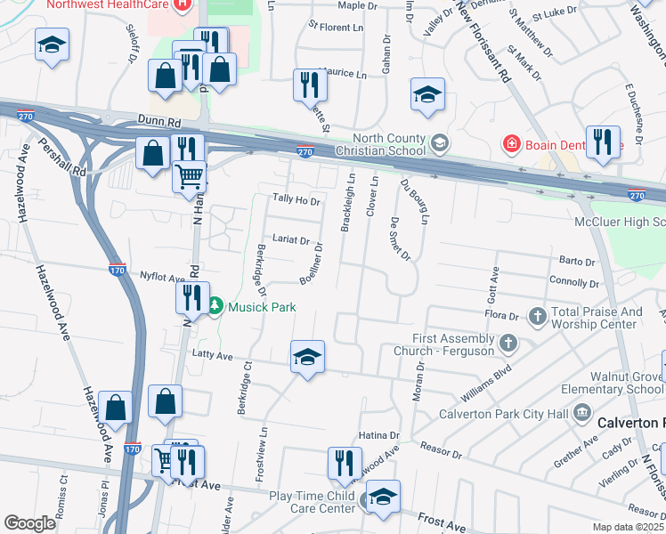 map of restaurants, bars, coffee shops, grocery stores, and more near 295 Brackleigh Lane in Florissant