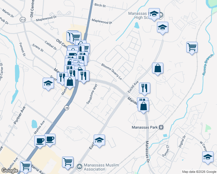 map of restaurants, bars, coffee shops, grocery stores, and more near 8550 Overhill Drive in Manassas