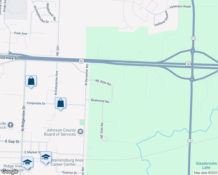 map of restaurants, bars, coffee shops, grocery stores, and more near 240 Northeast 85th Road in Warrensburg