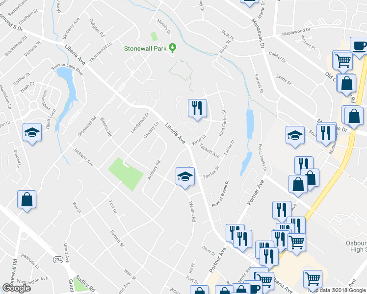 map of restaurants, bars, coffee shops, grocery stores, and more near 8626 Liberia Avenue in Manassas