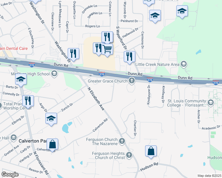 map of restaurants, bars, coffee shops, grocery stores, and more near 1537 Charlotte Drive in Ferguson