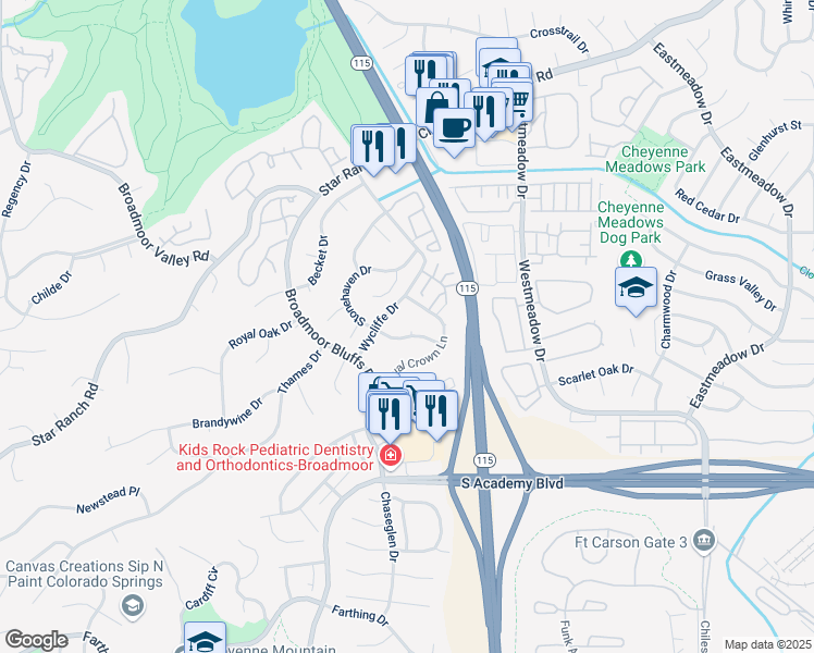 map of restaurants, bars, coffee shops, grocery stores, and more near 4425 Stonehaven Drive in Colorado Springs