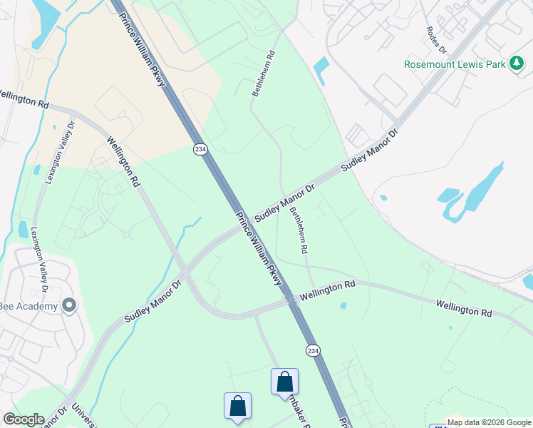 map of restaurants, bars, coffee shops, grocery stores, and more near Sudley Manor Drive in Manassas
