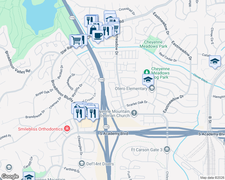 map of restaurants, bars, coffee shops, grocery stores, and more near 4360 Pebble Ridge Circle in Colorado Springs