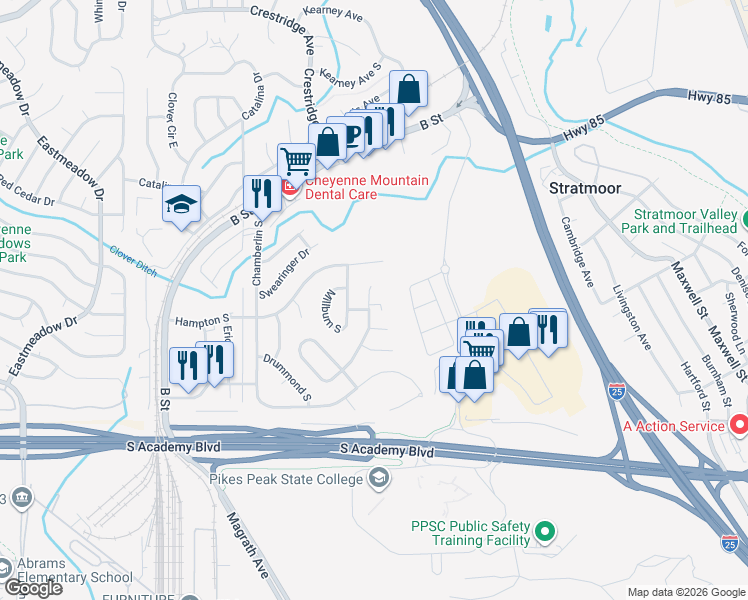 map of restaurants, bars, coffee shops, grocery stores, and more near 4231 College View Drive in Colorado Springs