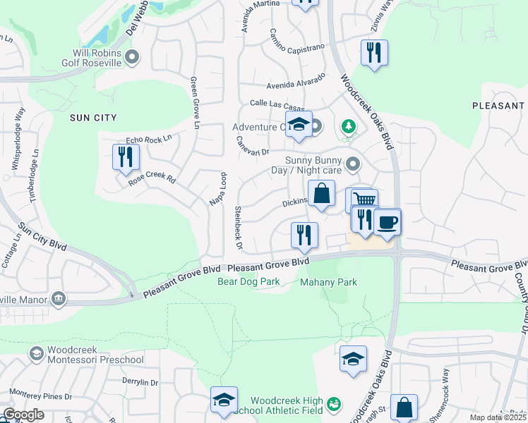 map of restaurants, bars, coffee shops, grocery stores, and more near 1515 Dickinson Drive in Roseville