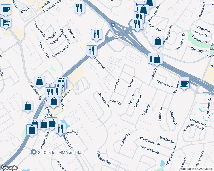 map of restaurants, bars, coffee shops, grocery stores, and more near 1745 Honeysuckle Drive in Saint Charles