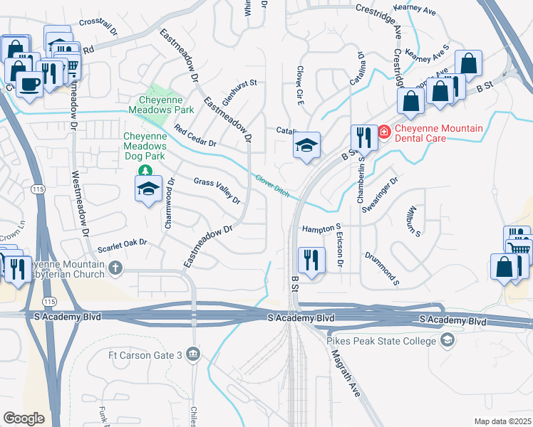 map of restaurants, bars, coffee shops, grocery stores, and more near 1592 Canoe Creek Drive North in Colorado Springs