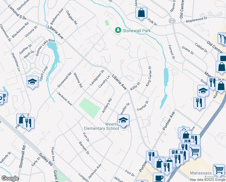 map of restaurants, bars, coffee shops, grocery stores, and more near 8512 Artillery Road in Manassas