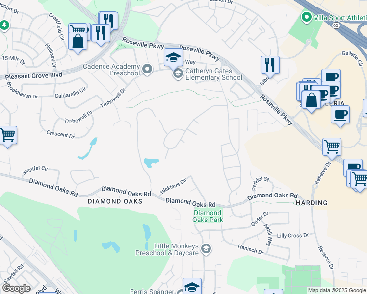 map of restaurants, bars, coffee shops, grocery stores, and more near 308 Alwoodley Court in Roseville