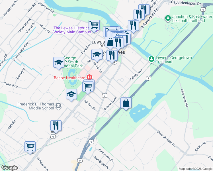 map of restaurants, bars, coffee shops, grocery stores, and more near 412 Kings Highway in Lewes