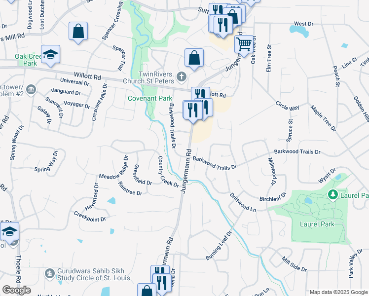 map of restaurants, bars, coffee shops, grocery stores, and more near 2 Barkwood Court in St. Peters