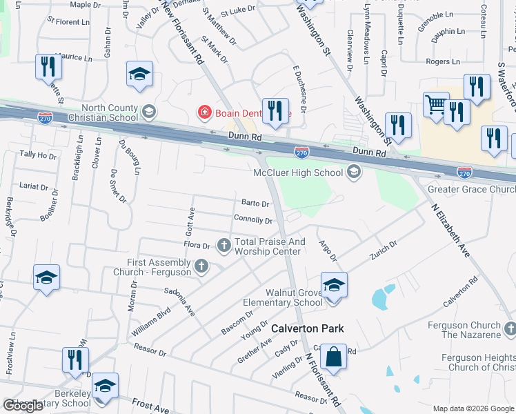 map of restaurants, bars, coffee shops, grocery stores, and more near 16 Barto Drive in St. Louis
