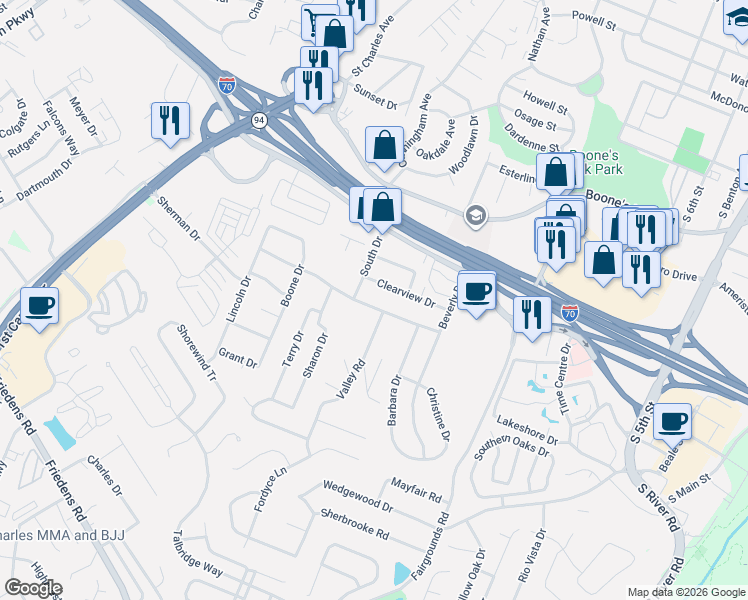 map of restaurants, bars, coffee shops, grocery stores, and more near 1300 South Drive in Saint Charles