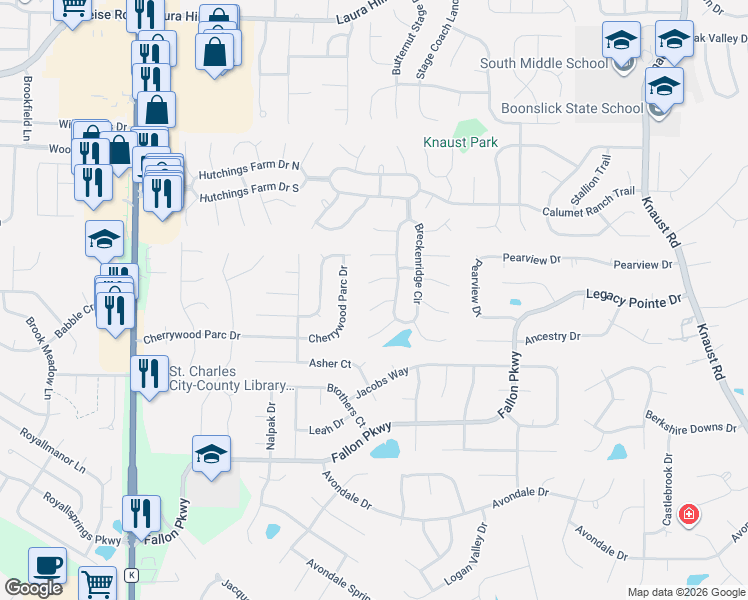 map of restaurants, bars, coffee shops, grocery stores, and more near 37 Snowmass Court in O'Fallon
