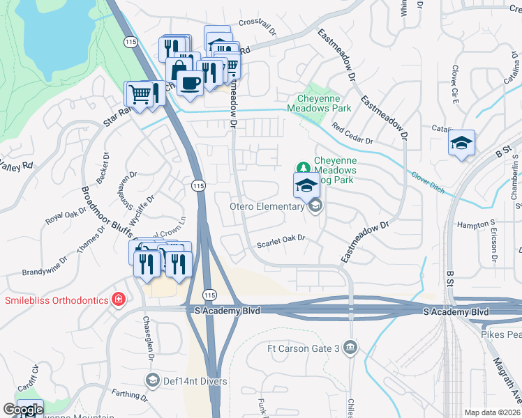 map of restaurants, bars, coffee shops, grocery stores, and more near 1032 Whistler Hollow Drive in Colorado Springs