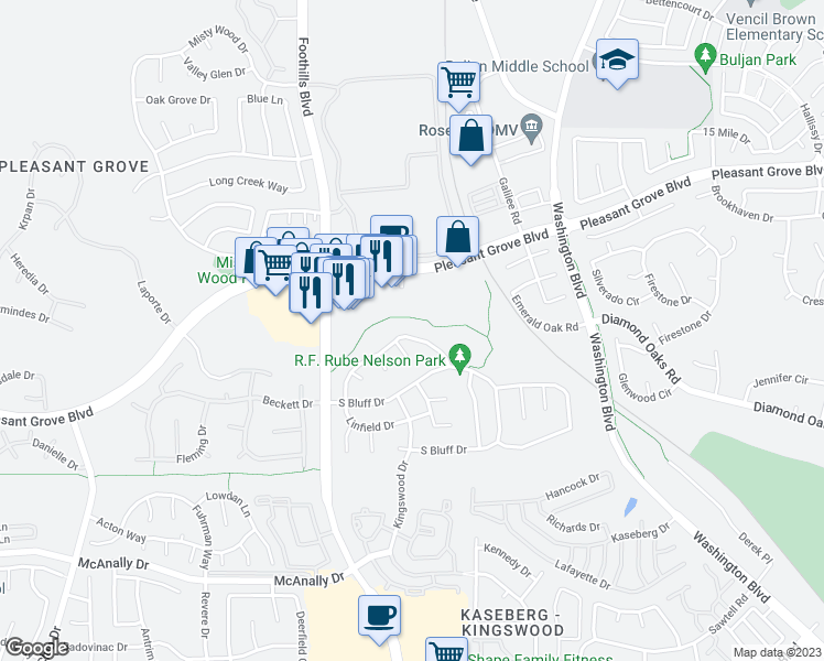 map of restaurants, bars, coffee shops, grocery stores, and more near 1264 Palmerston Loop in Roseville