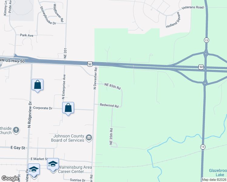 map of restaurants, bars, coffee shops, grocery stores, and more near 230 Northeast 85th Road in Warrensburg