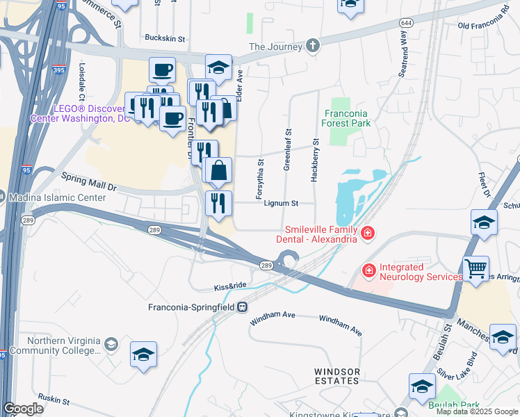 map of restaurants, bars, coffee shops, grocery stores, and more near 6447 Lignum Street in Springfield
