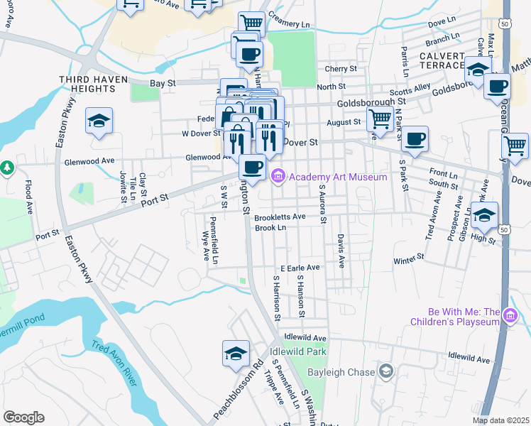 map of restaurants, bars, coffee shops, grocery stores, and more near 11 Brookletts Avenue in Easton