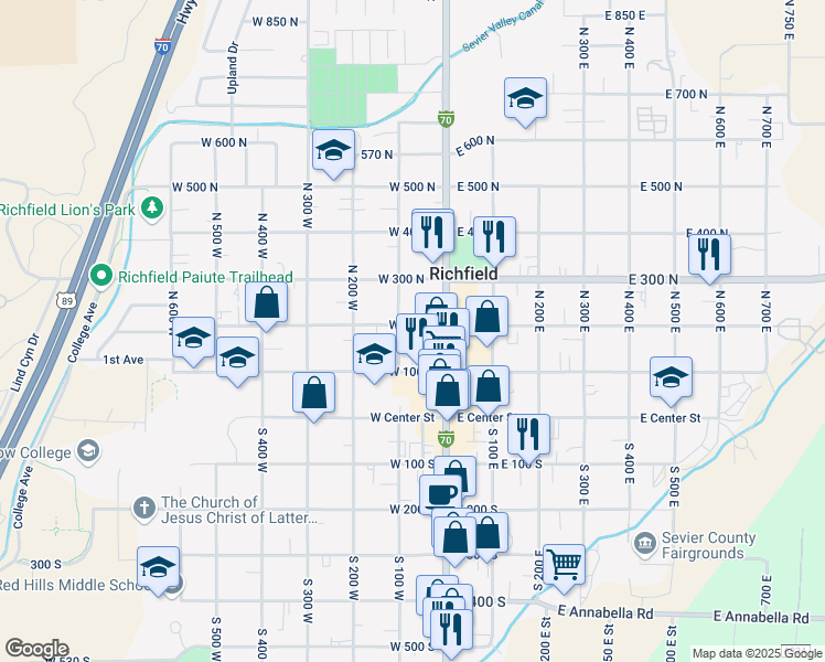 map of restaurants, bars, coffee shops, grocery stores, and more near 190 100 West in Richfield