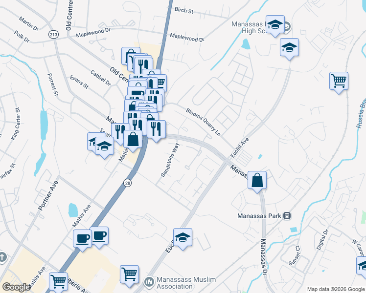 map of restaurants, bars, coffee shops, grocery stores, and more near in Manassas