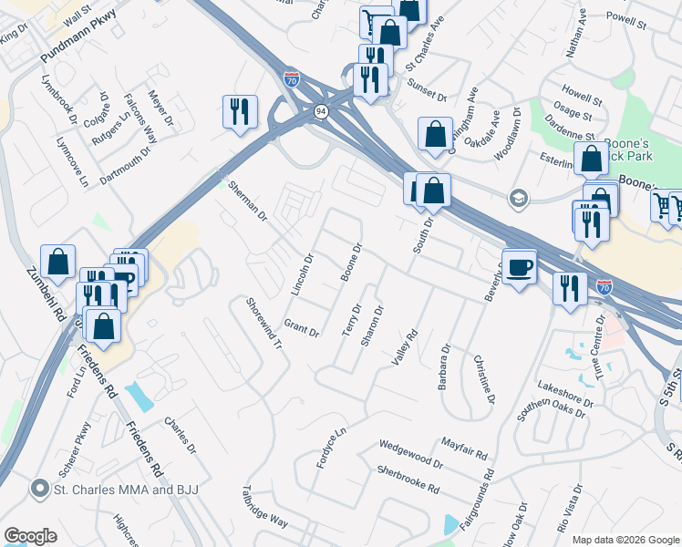 map of restaurants, bars, coffee shops, grocery stores, and more near 1529 Sherman Drive in Saint Charles