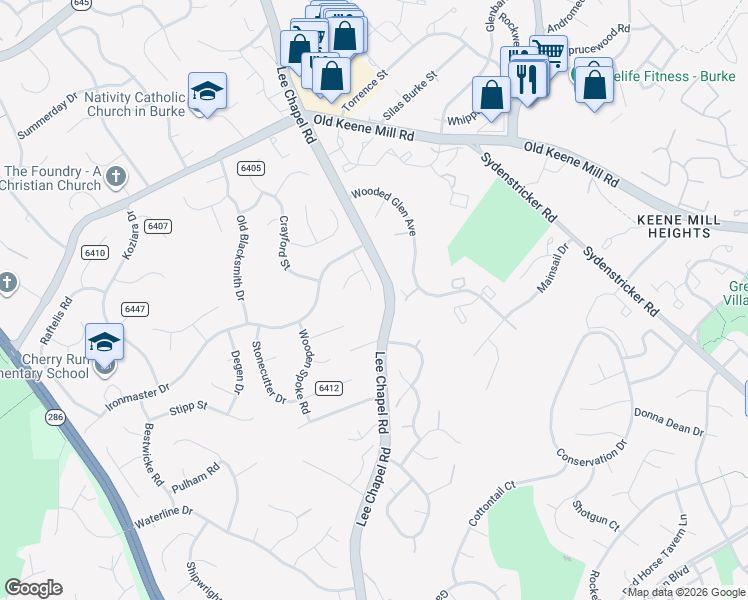 map of restaurants, bars, coffee shops, grocery stores, and more near 6616 Saddlehorn Court in Burke