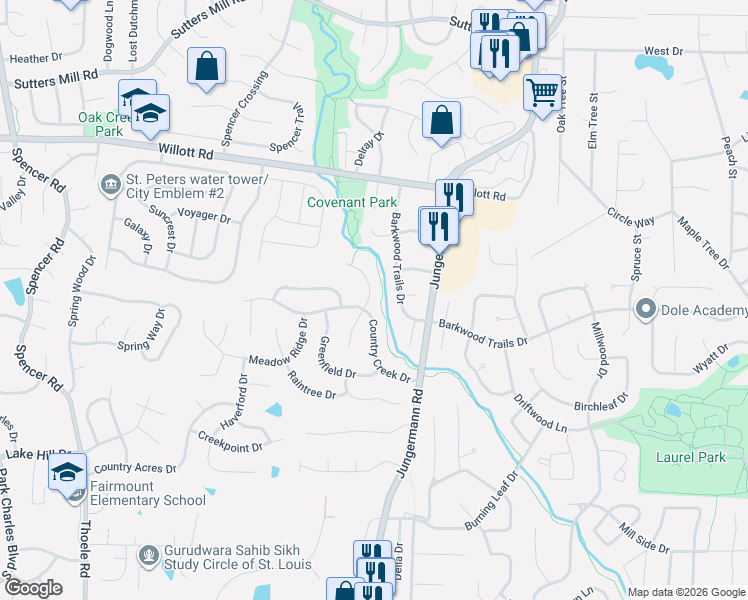 map of restaurants, bars, coffee shops, grocery stores, and more near 17 Oakshire Court in St. Peters